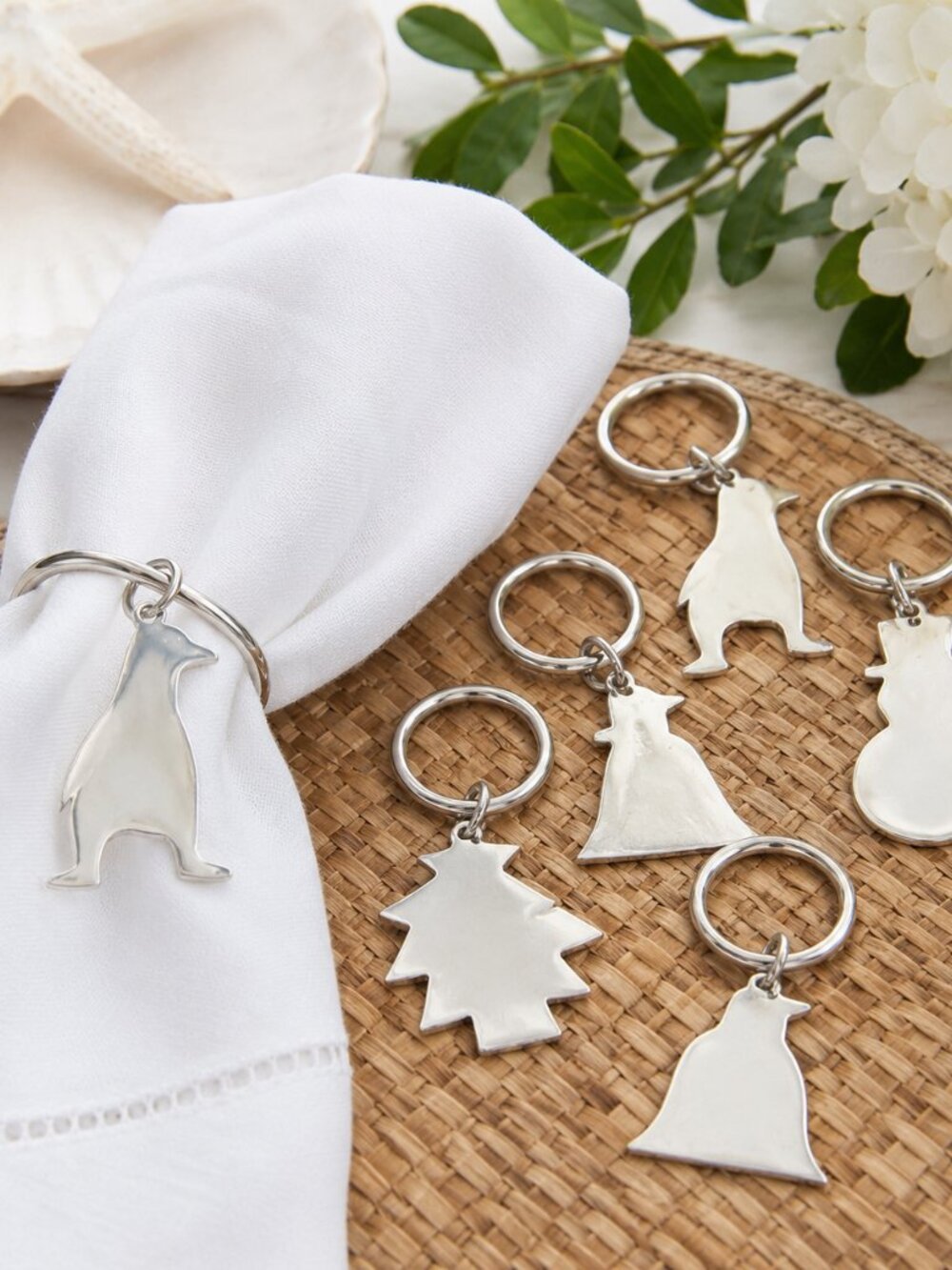 Set of 8 Silver Plated Hanging Napkin Rings Penguin Bell Tree Snowman Christmas